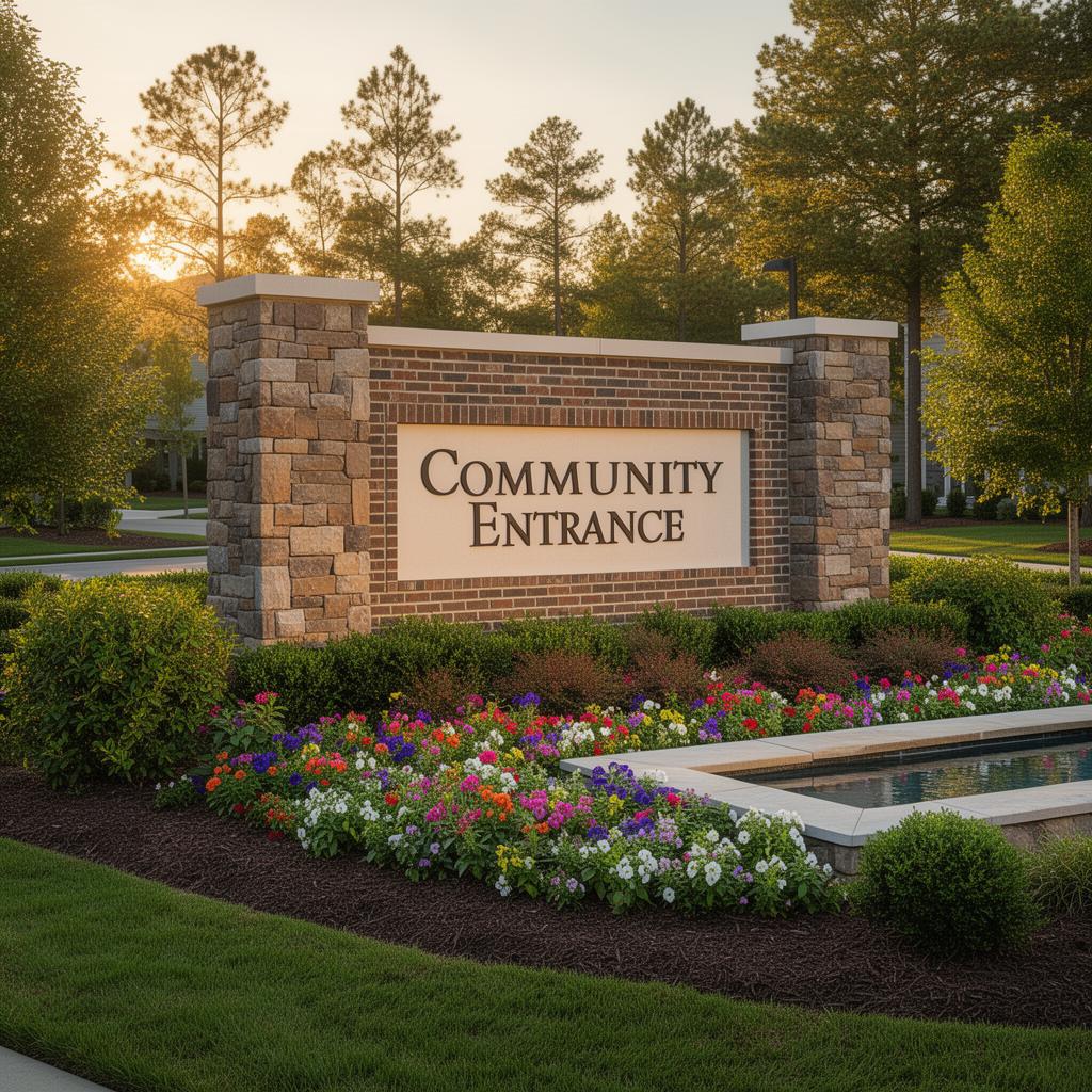 Stone and brick community entrance monument at a new master-planned neighborhood