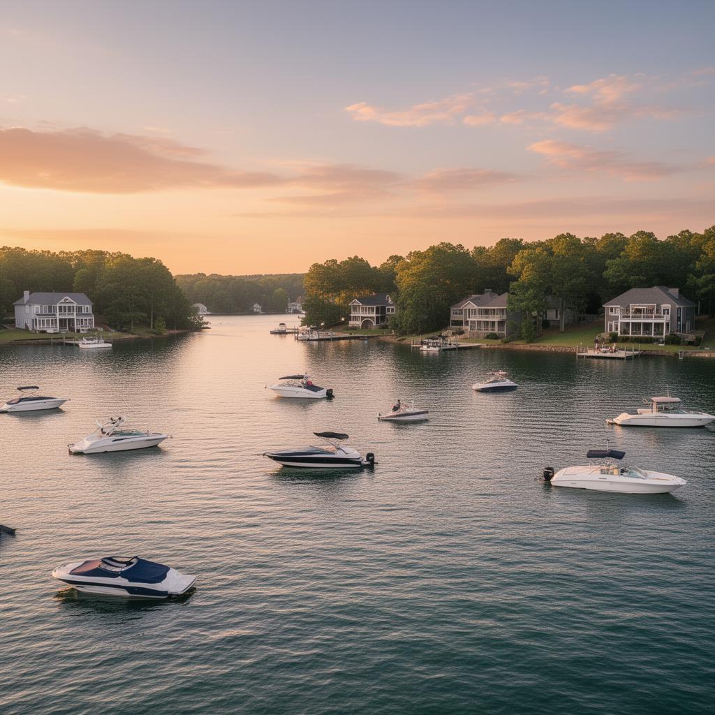 Boats on Lake Norman at sunset with waterfront homes