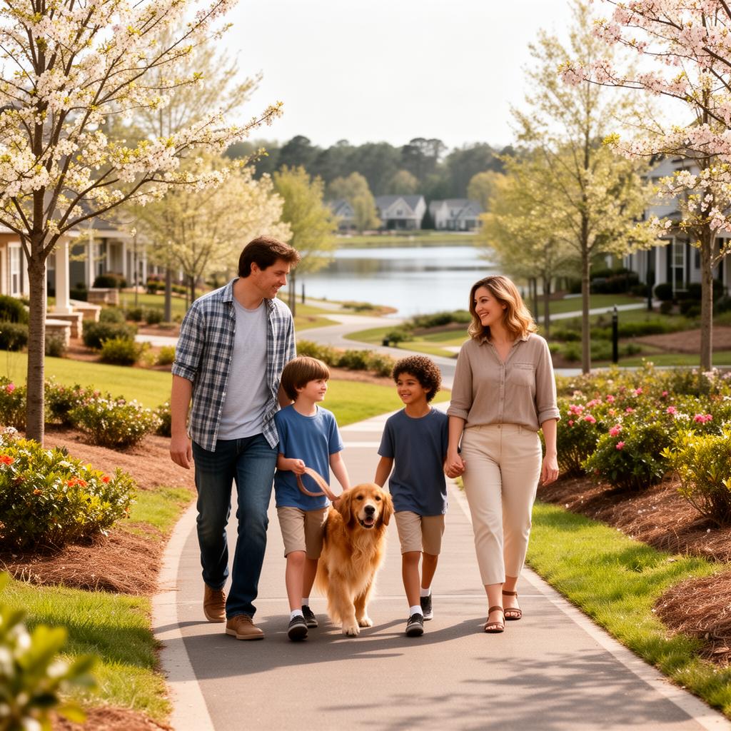 Family with a dog walking on a lakeside greenway in a Charlotte master-planned community