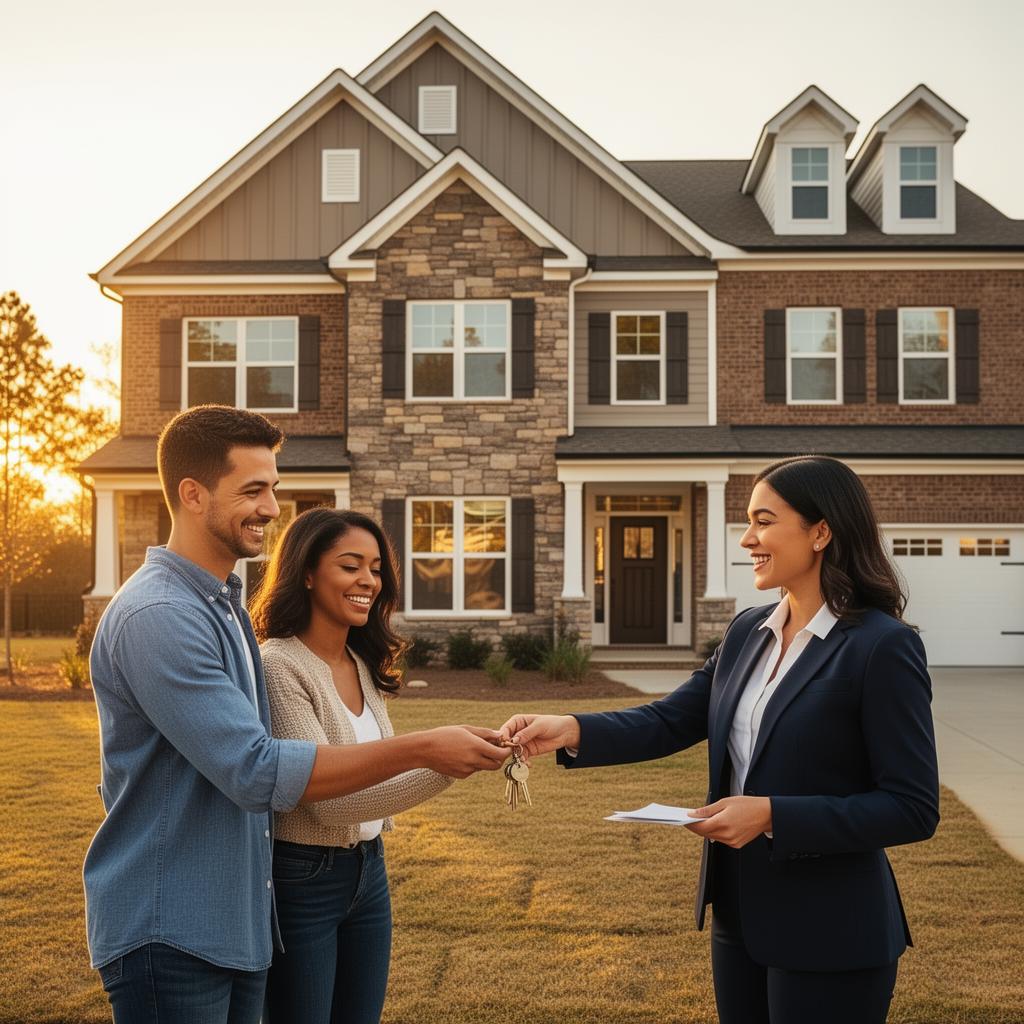 Couple receiving keys to their newly built Charlotte-area home at golden hour