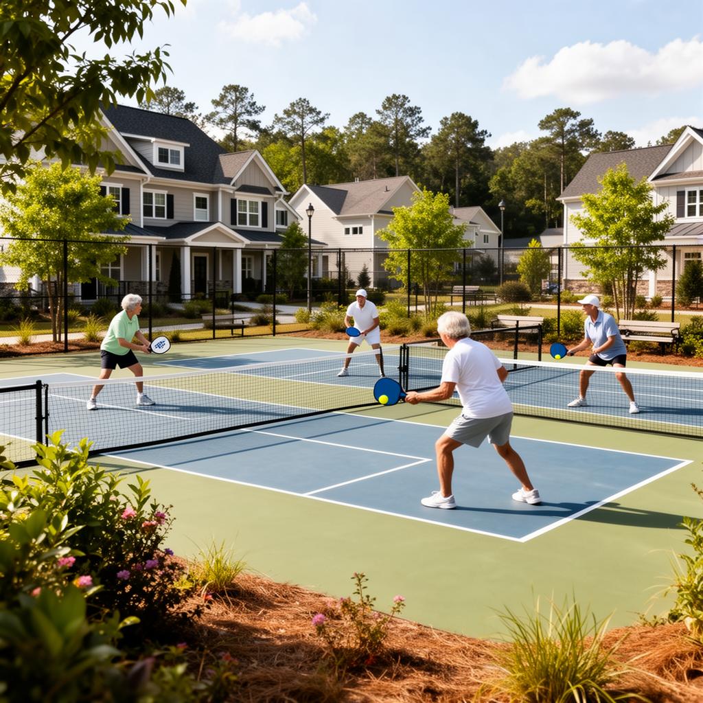 Neighbors playing pickleball at a master-planned community court