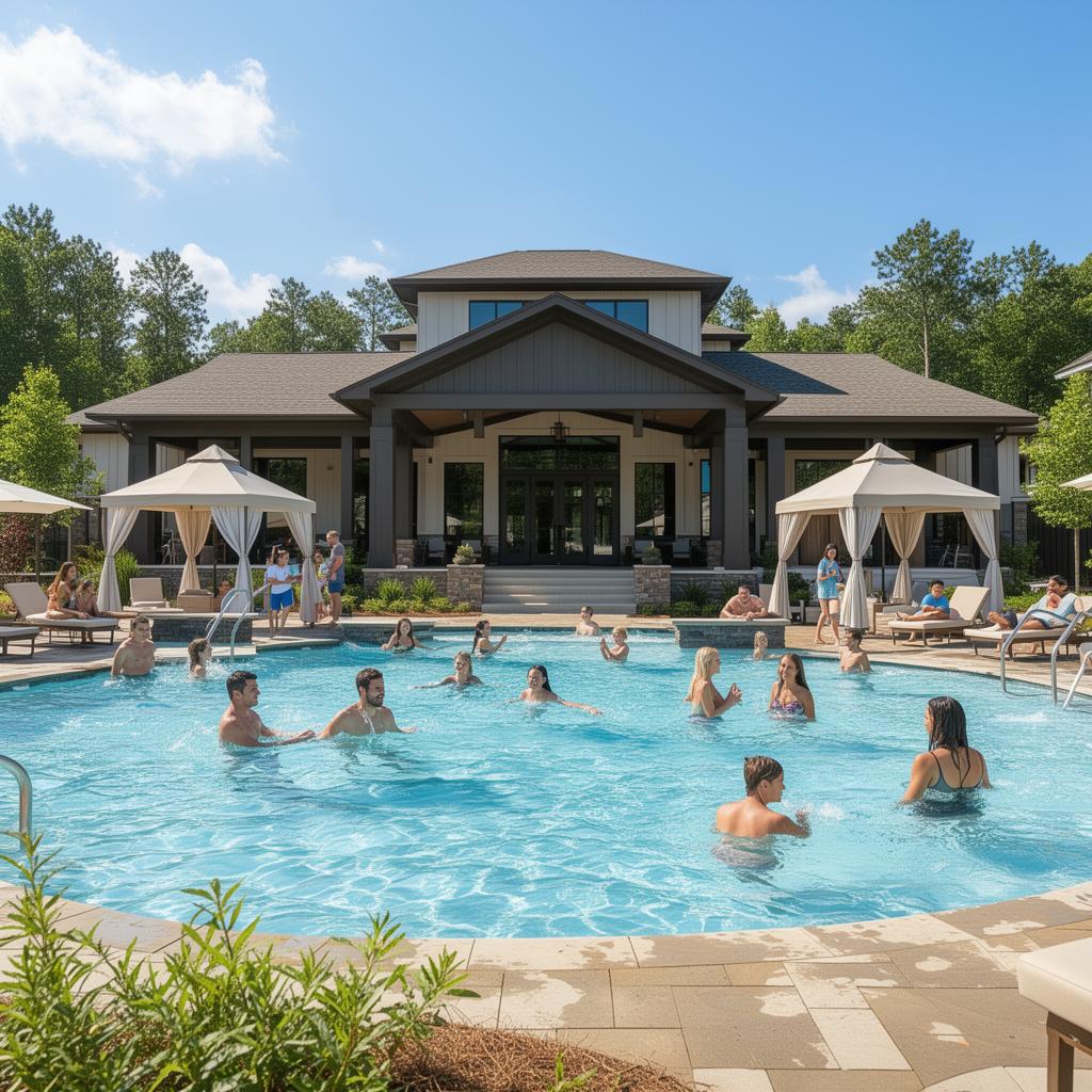 Residents enjoying a resort-style community pool and clubhouse in a Charlotte new construction neighborhood