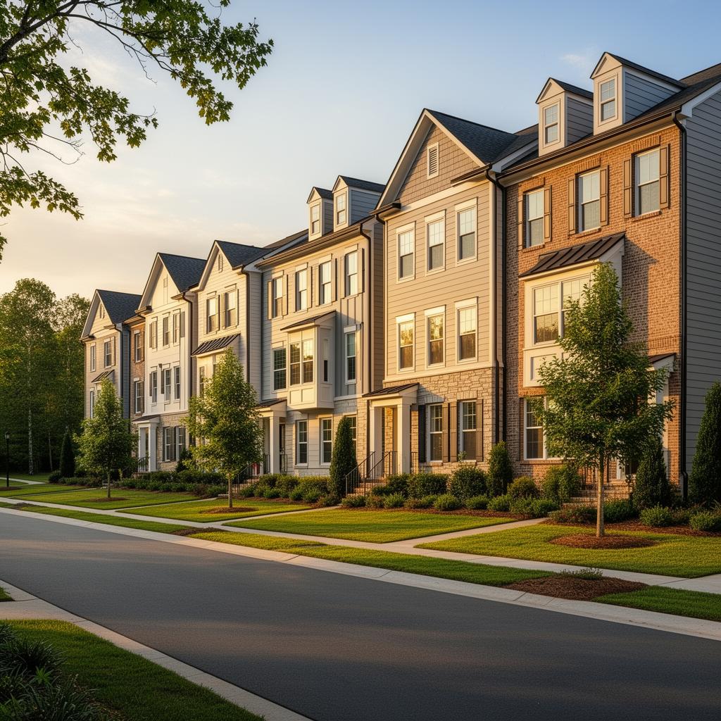 Streetscape of newly built modern townhomes in a Charlotte-area new construction community at golden hour