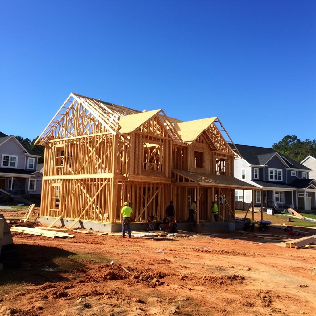 New luxury home under construction with framing visible in a Charlotte subdivision